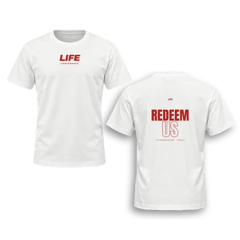 White Redeem Us tee, front and back